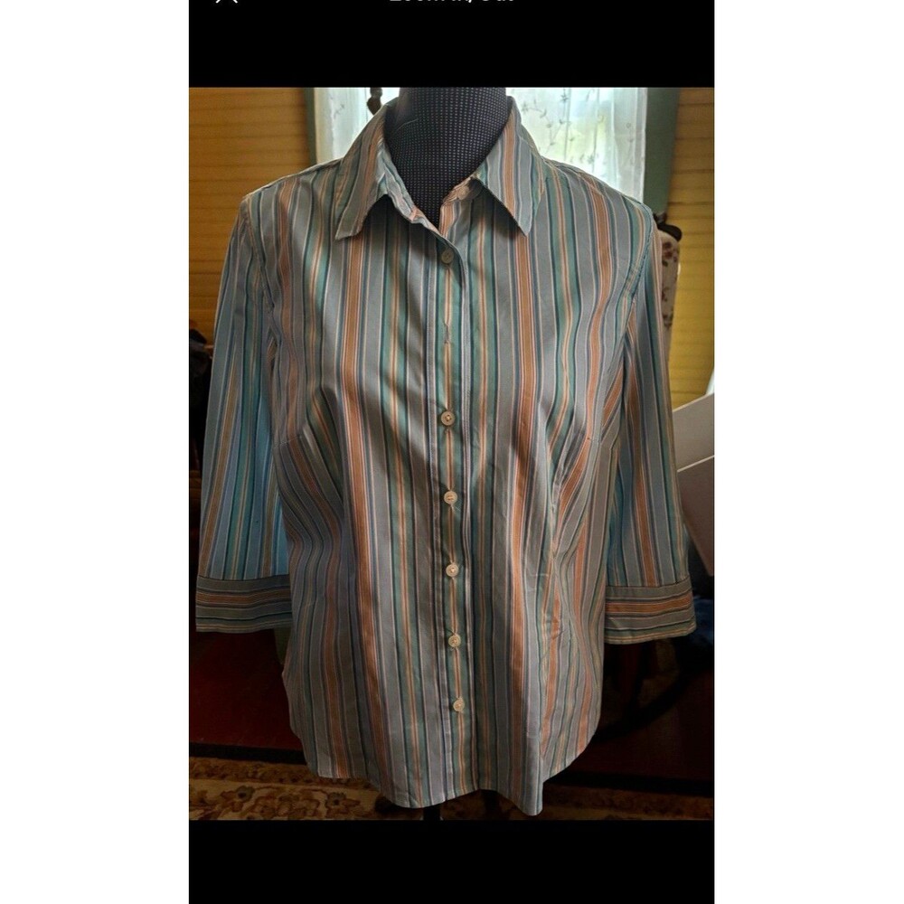 Attention Size Large Women’s Striped Button Blouse Blue Green Tan 40” Bust *flaw